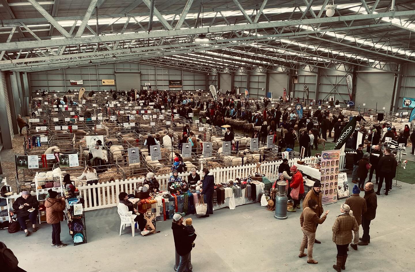 Indoor sheep market with people and stalls.